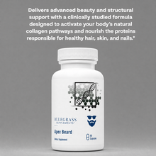 Supplement bottle labeled 'Bluegrass Supplements Apex Beard' on a gray background with text about collagen support.