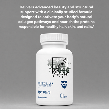 Supplement bottle labeled 'Bluegrass Supplements Apex Beard' on a gray background with text about collagen support.