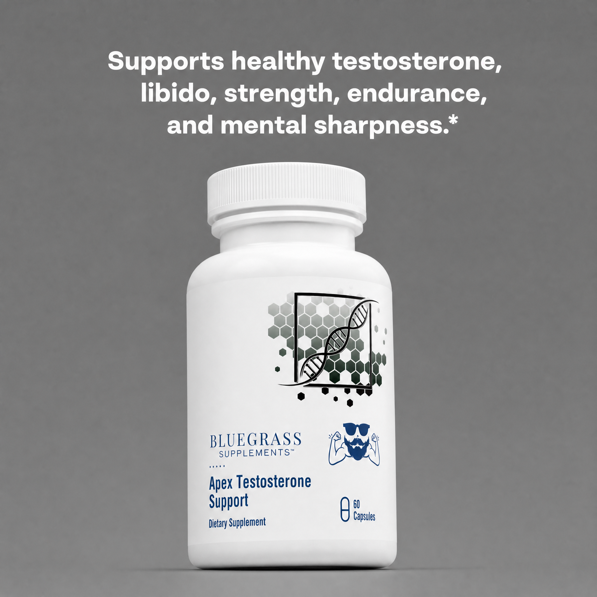 Supplement bottle labeled 'Bluegrass Supplements Apex Testosterone Support' on a gray background with text about supplement benefits.
