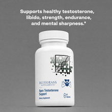 Supplement bottle labeled 'Bluegrass Supplements Apex Testosterone Support' on a gray background with text about supplement benefits.