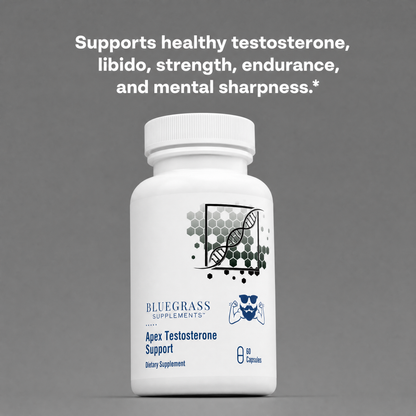 Supplement bottle labeled 'Bluegrass Supplements Apex Testosterone Support' on a gray background with text about supplement benefits.