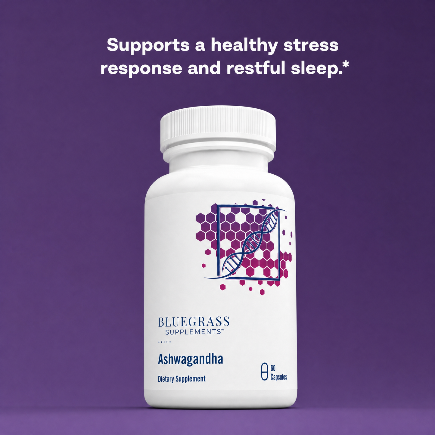 White supplement bottle labeled 'Bluegrass Supplements' on a purple background
