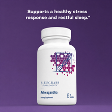 White supplement bottle labeled 'Bluegrass Supplements' on a purple background