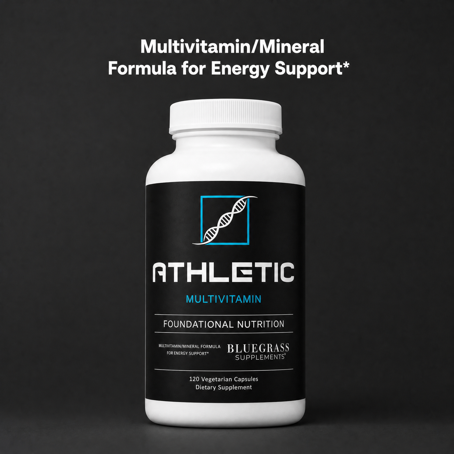 Multivitamin bottle labeled 'Athletic' on a dark background