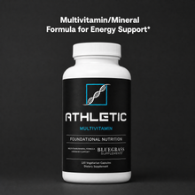 Multivitamin bottle labeled 'Athletic' on a dark background