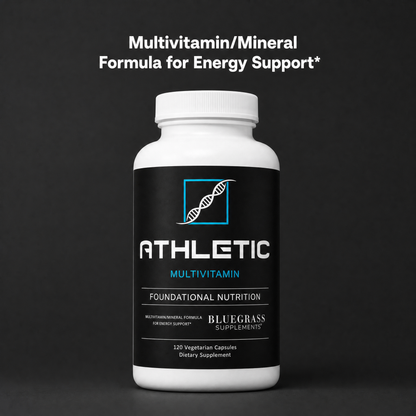Multivitamin bottle labeled 'Athletic' on a dark background
