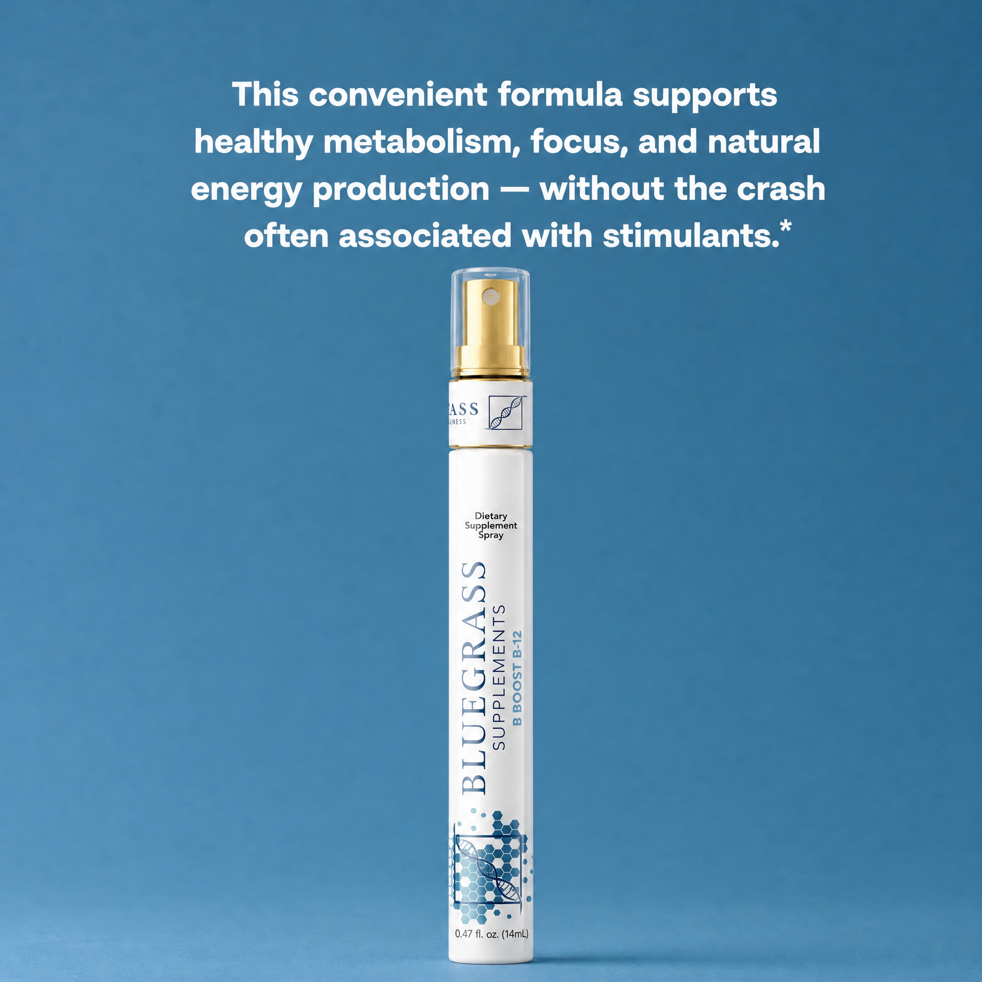 Bluegrass Supplements spray bottle on a blue background with text about supplement benefits.