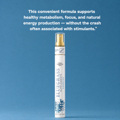 Bluegrass Supplements spray bottle on a blue background with text about supplement benefits.