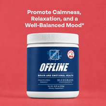 Bluegrass Supplements Offline Brain and Emotional Health powder in cherry flavor with text promoting calmness, relaxation, and balanced mood support