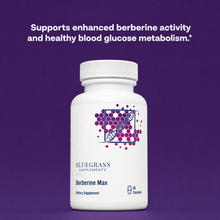 White supplement bottle labeled 'Bluegrass Supplements Berberine Max' on a purple background with text about berberine activity.