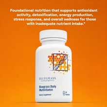Bluegrass Daily Multivitamin supplement bottle on an orange background with text about its benefits.