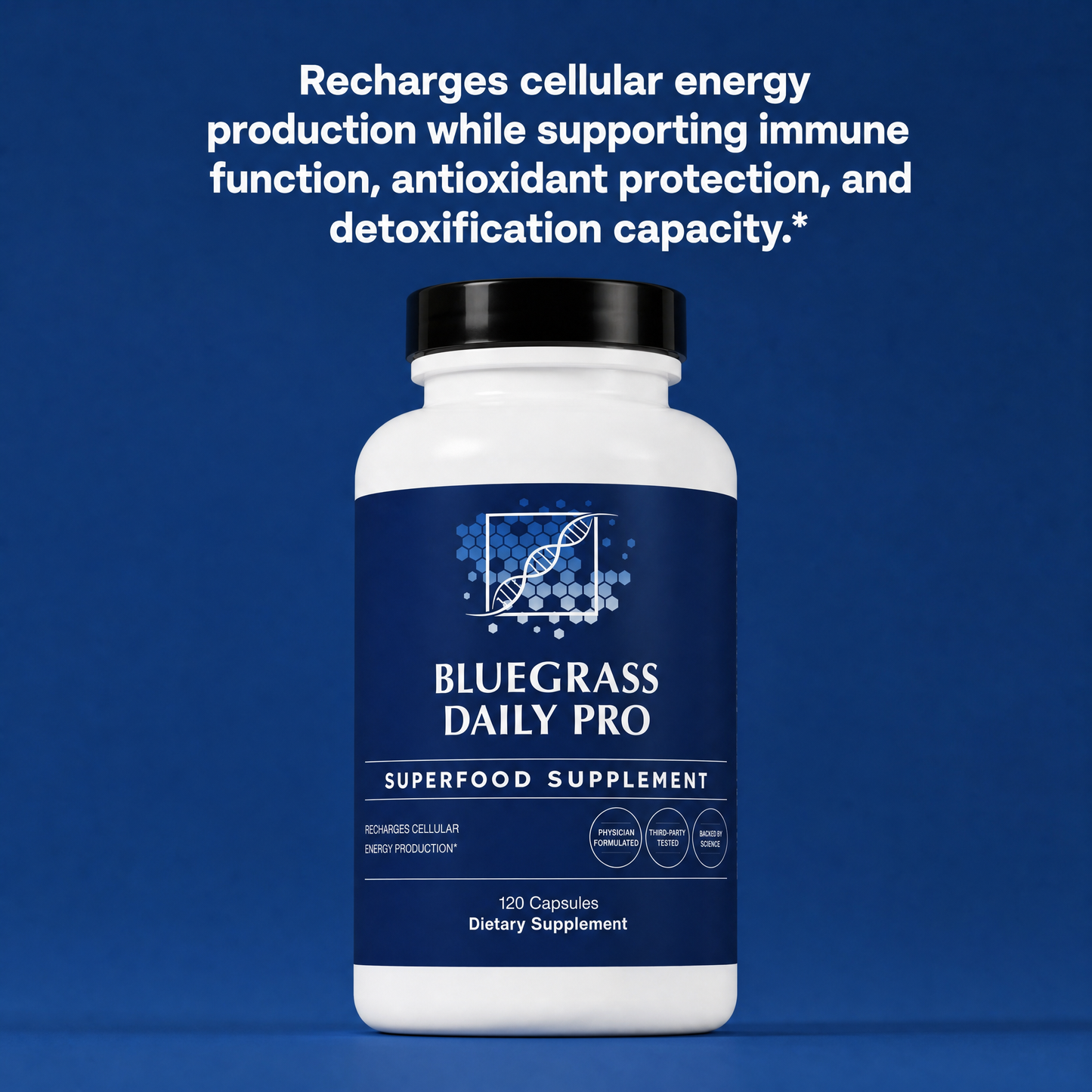 Supplement bottle labeled 'Bluegrass Daily Pro' on a blue background with text about its benefits.