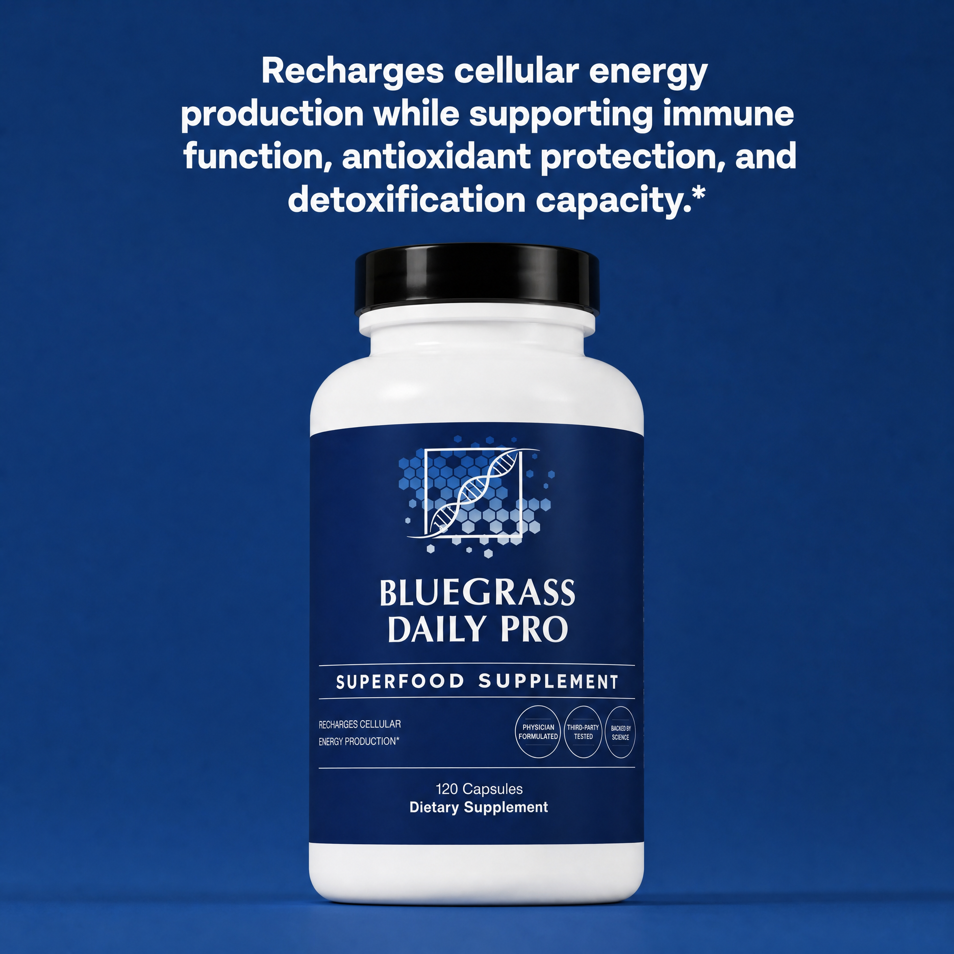 Supplement bottle labeled 'Bluegrass Daily Pro' on a blue background with text about its benefits.