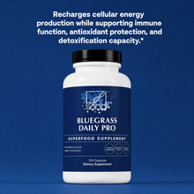 Supplement bottle labeled 'Bluegrass Daily Pro' on a blue background with text about its benefits.