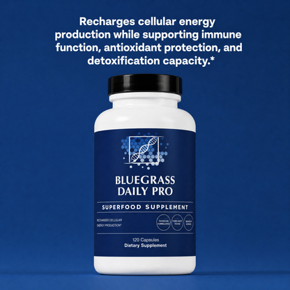 Supplement bottle labeled 'Bluegrass Daily Pro' on a blue background with text about its benefits.