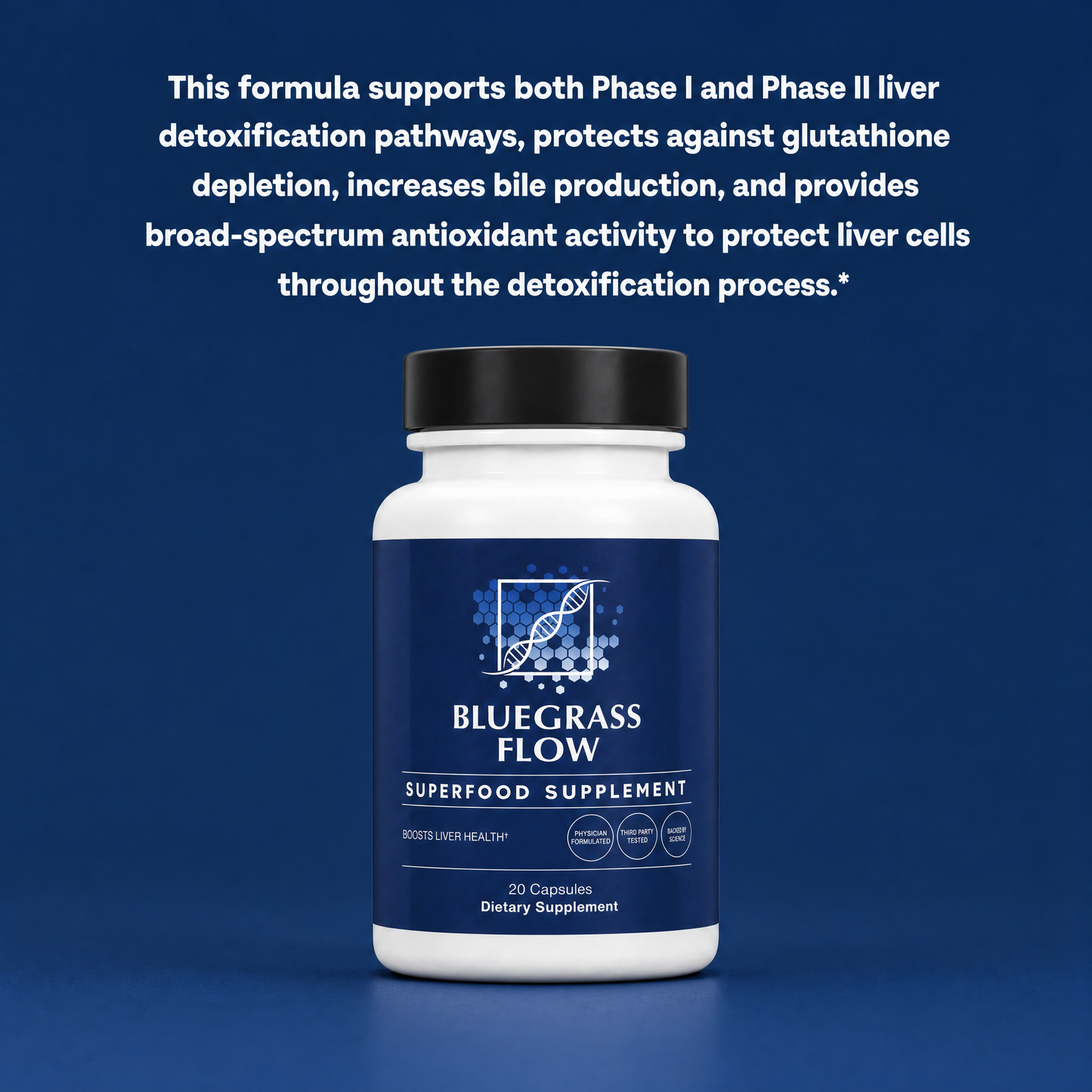 Bluegrass Flow supplement bottle on a blue background with text about liver support.
