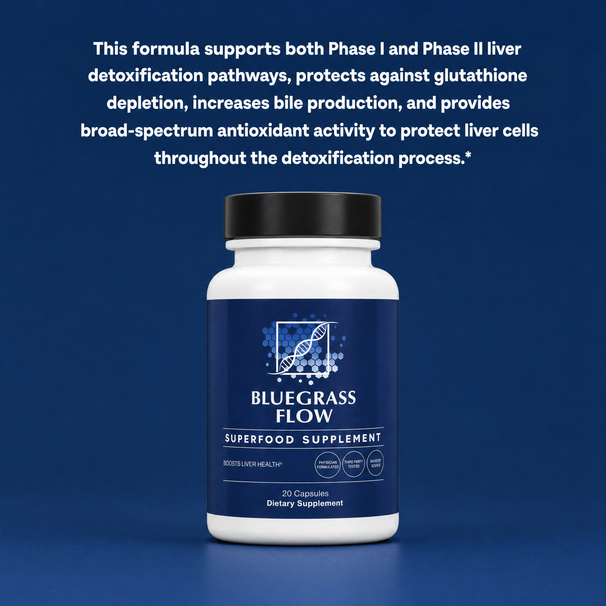Bluegrass Flow supplement bottle on a blue background with text about liver support.