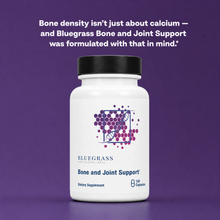 White supplement bottle with black cap on a purple background, featuring Bluegrass Bone and Joint Support text.