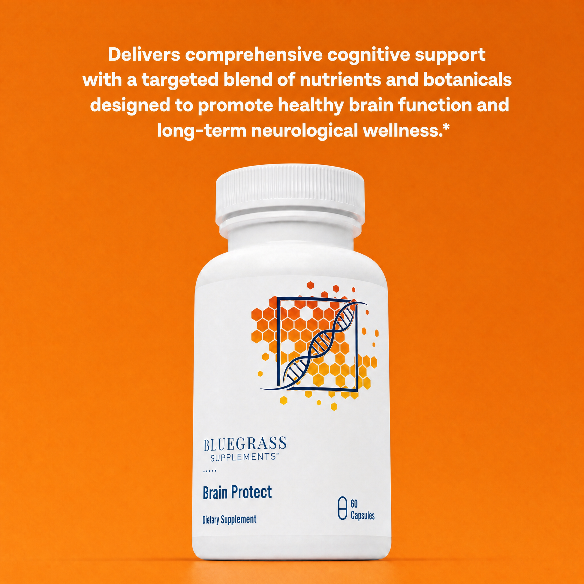 Supplement bottle labeled 'Bluegrass Supplements Brain Protect' on an orange background with text about cognitive support.