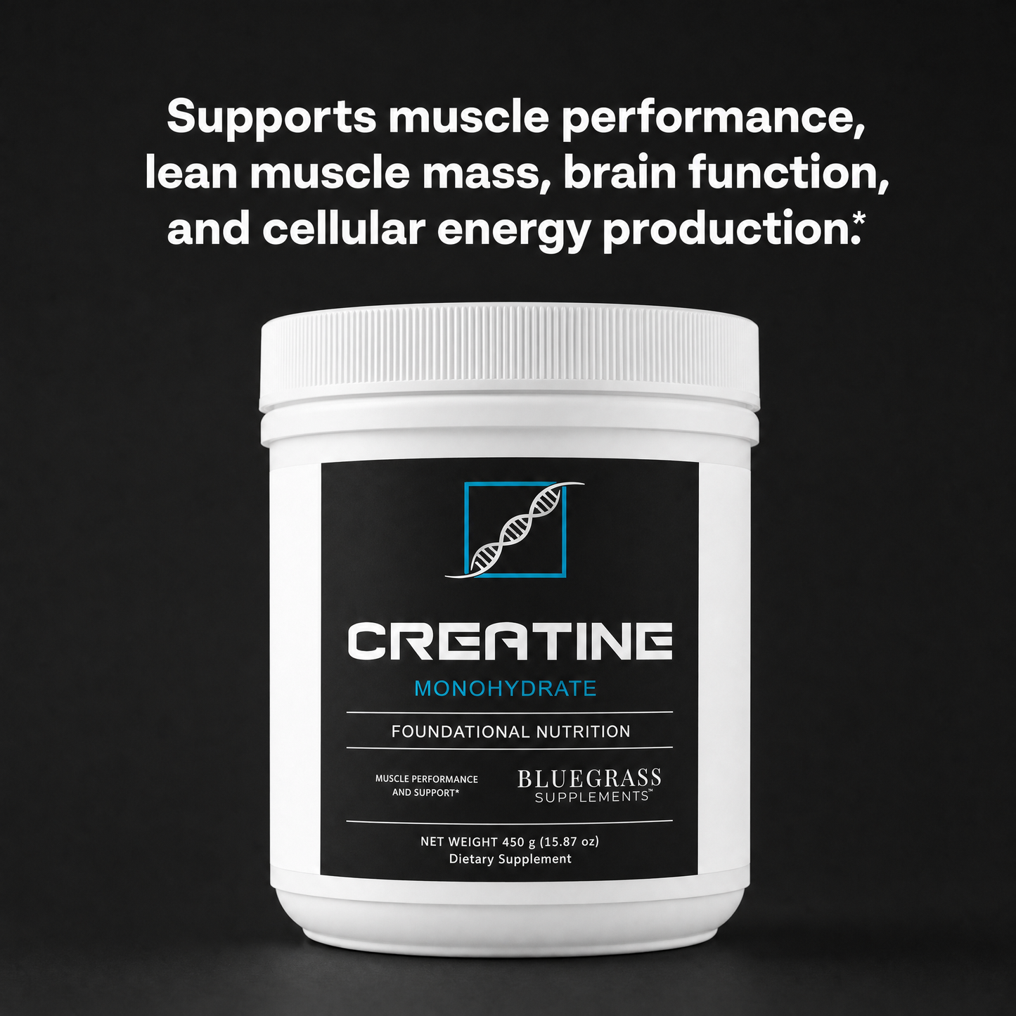 Creatine supplement container with text on a black background