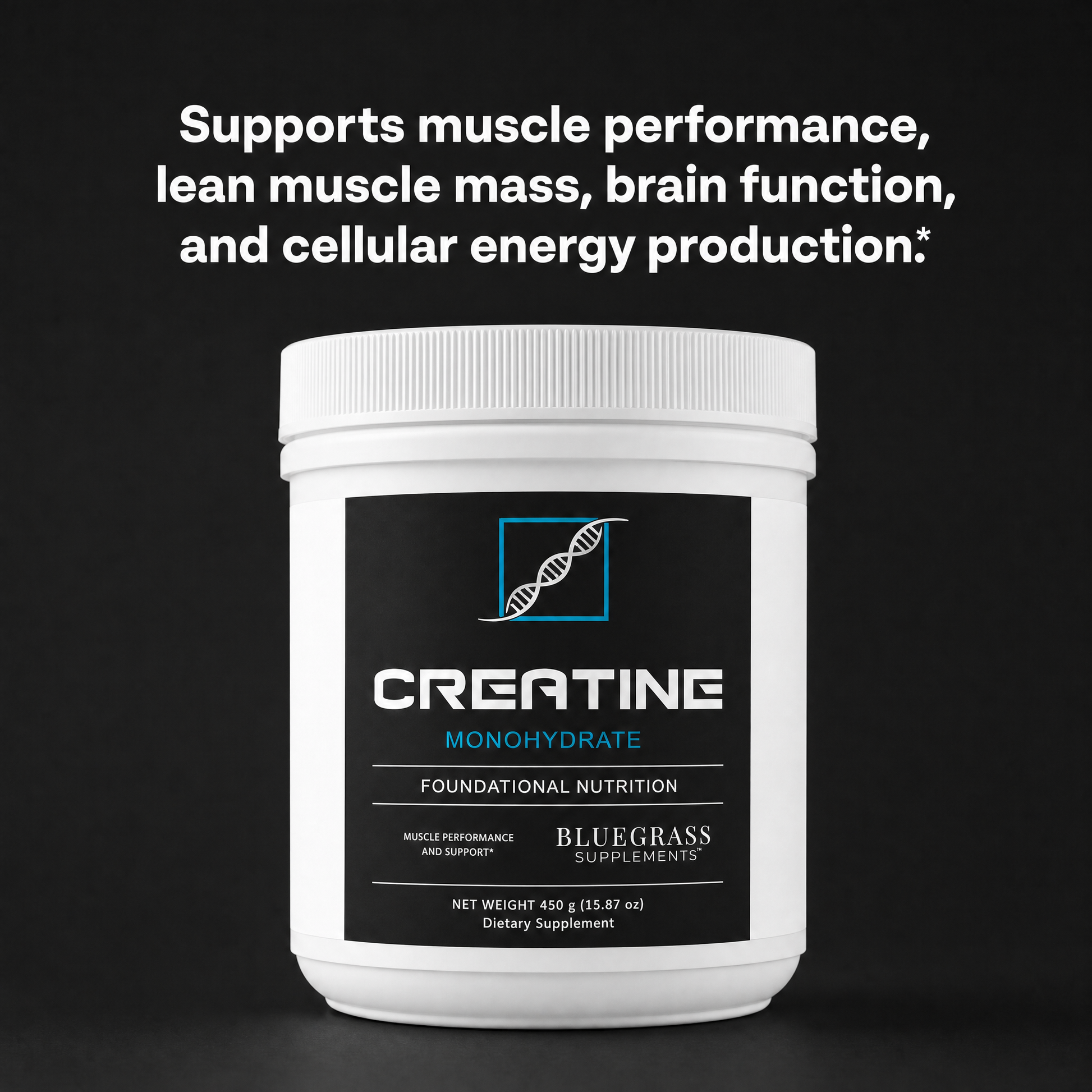 Creatine supplement container with text on a black background