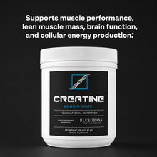 Creatine supplement container with text on a black background