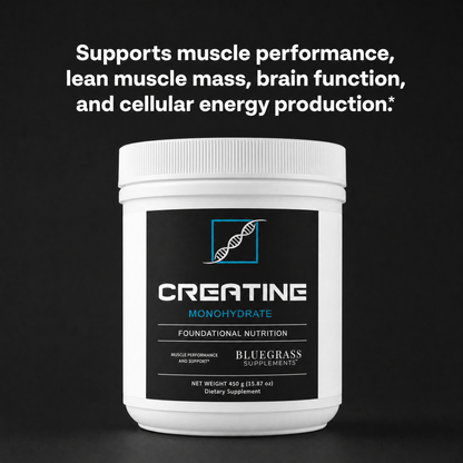 Creatine supplement container with text on a black background