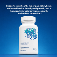 Bottle of Bluegrass Supplements Curcumin Max dietary supplement with text describing antioxidant and wellness benefits on a blue background