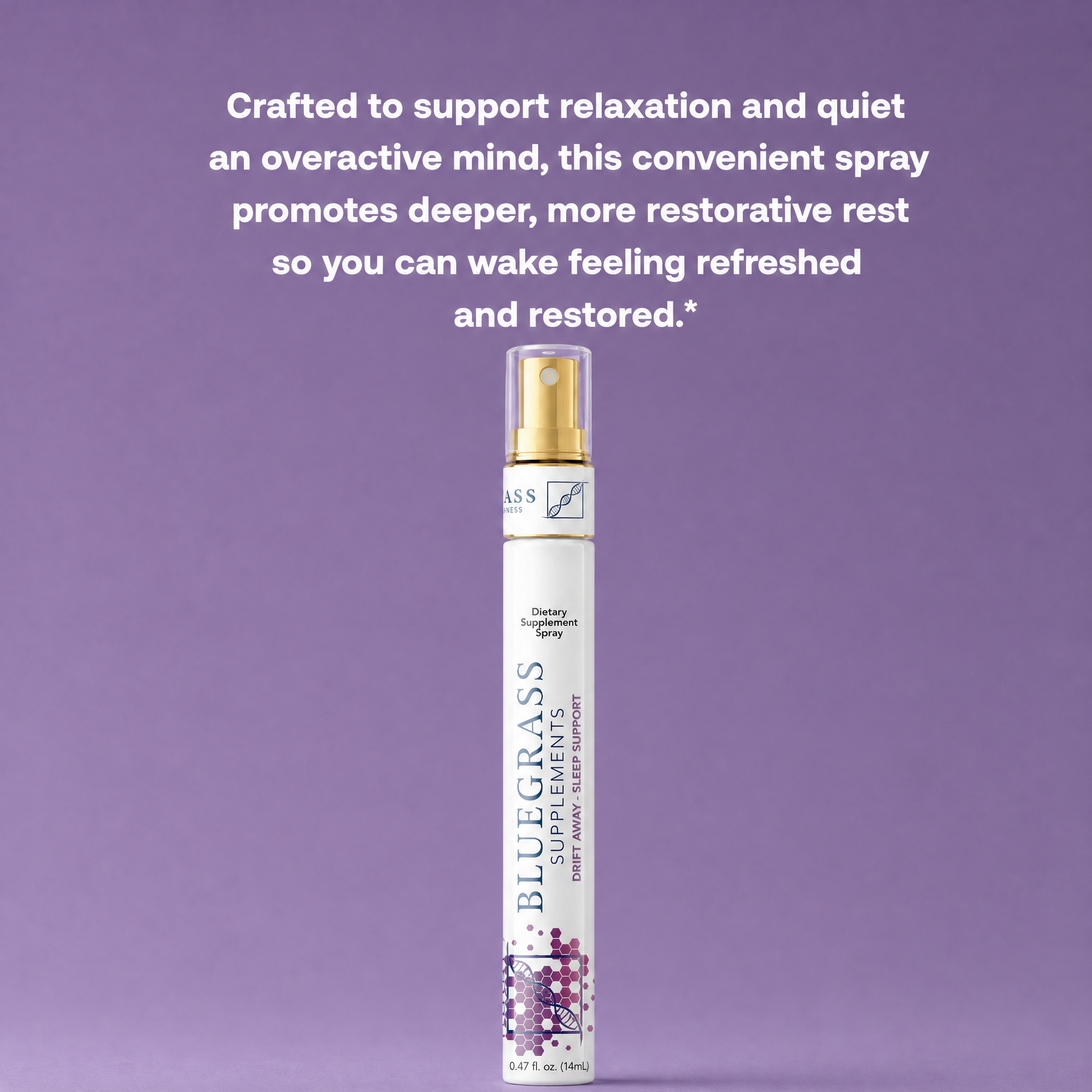 Bluegrass Supplements spray bottle on a purple background with text about relaxation and rest.
