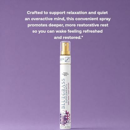 Bluegrass Supplements spray bottle on a purple background with text about relaxation and rest.