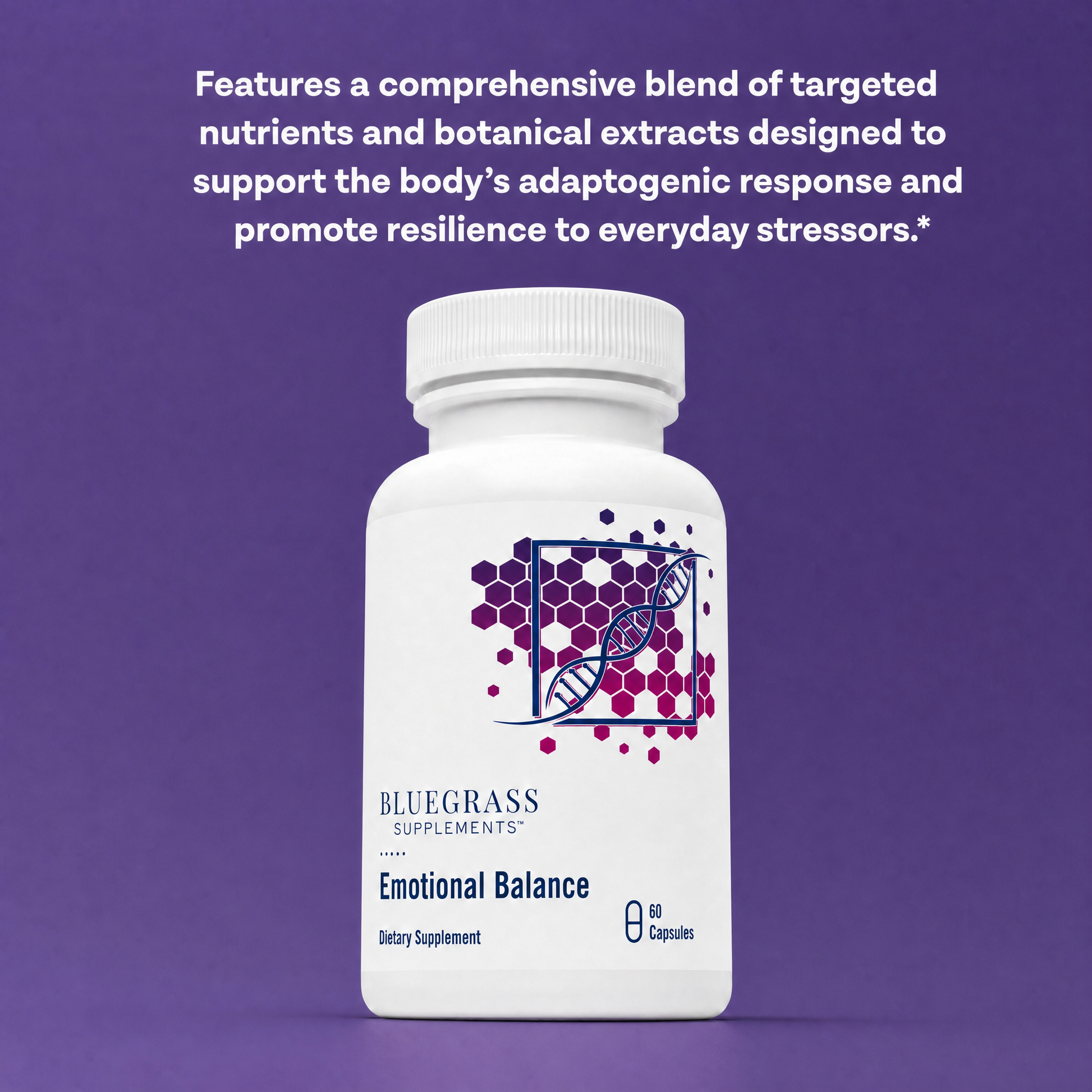 Supplement bottle labeled 'Emotional Balance' by Bluegrass Supplements on a purple background with text about targeted nutrients and botanical extracts.