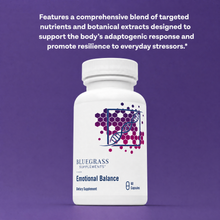 Supplement bottle labeled 'Emotional Balance' by Bluegrass Supplements on a purple background with text about targeted nutrients and botanical extracts.