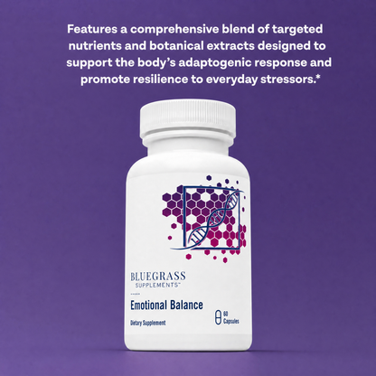 Supplement bottle labeled 'Emotional Balance' by Bluegrass Supplements on a purple background with text about targeted nutrients and botanical extracts.