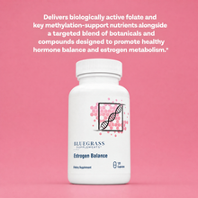 Supplement bottle labeled 'Estrogen Balance' by Bluegrass Supplements on a pink background with text about hormone balance.