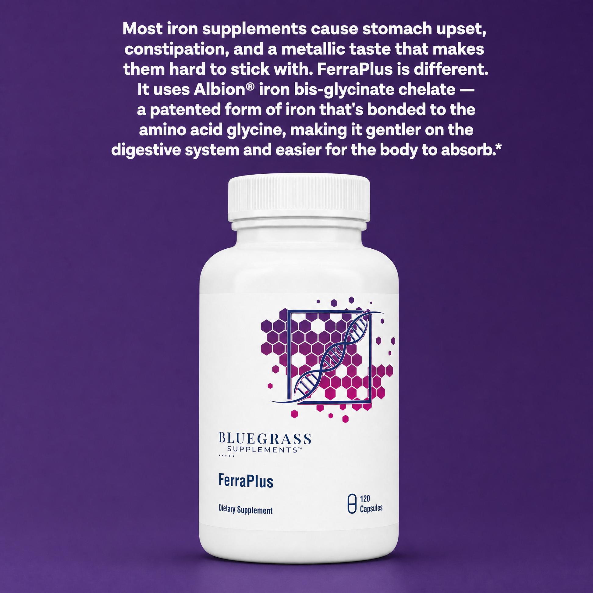 White supplement bottle labeled 'FerraPlus' by Bluegrass Supplements on a purple background with text about iron supplements.