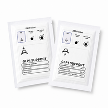 Two white packets labeled 'GLP1 Support' on a white background