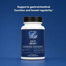 Gut Reset supplement bottle with blue label on a blue background