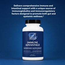 Supplement bottle labeled 'Immune Advantage' on a blue background with text about immune support.