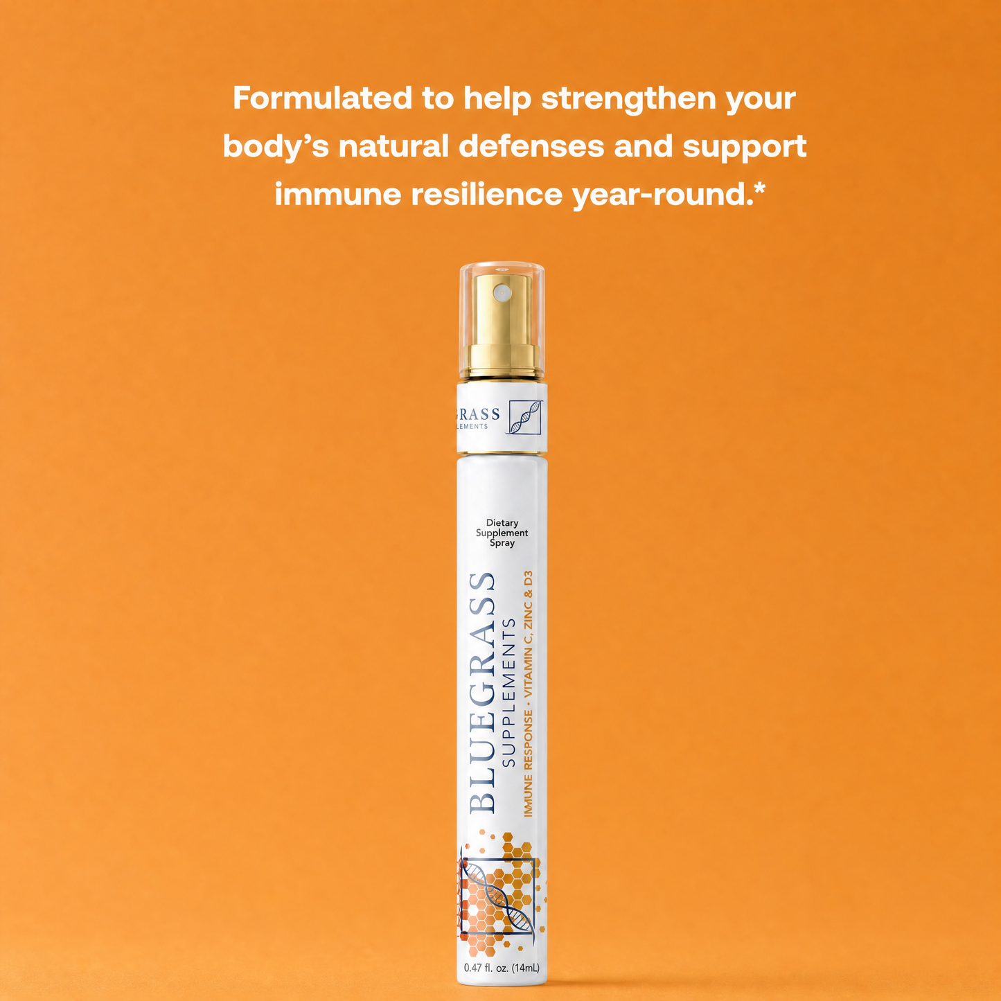 Bluegrass Supplements bottle on an orange background with text about immune support.