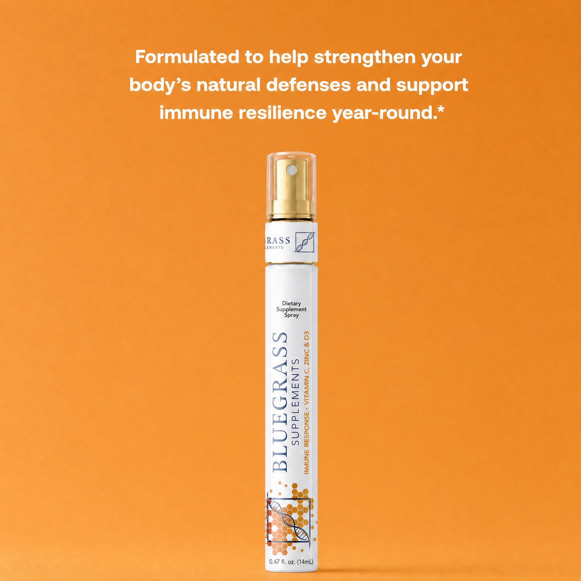 Bluegrass Supplements bottle on an orange background with text about immune support.