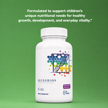White supplement bottle with colorful label on a green background