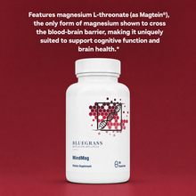 White supplement bottle labeled 'Bluegrass' on a red background with text about magnesium L-threonate.