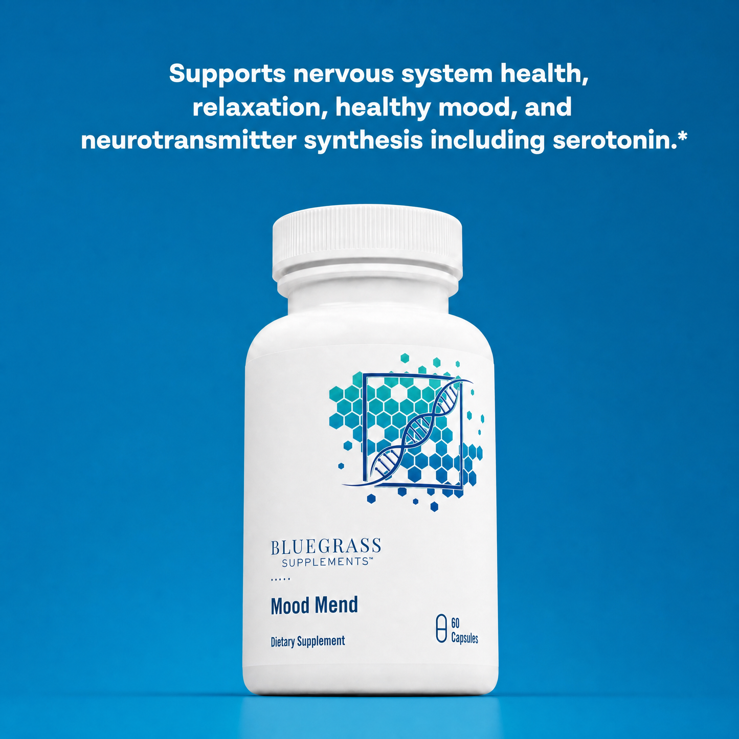 White supplement bottle labeled 'Mood Mend' by Bluegrass Supplements on a blue background with text about its benefits.