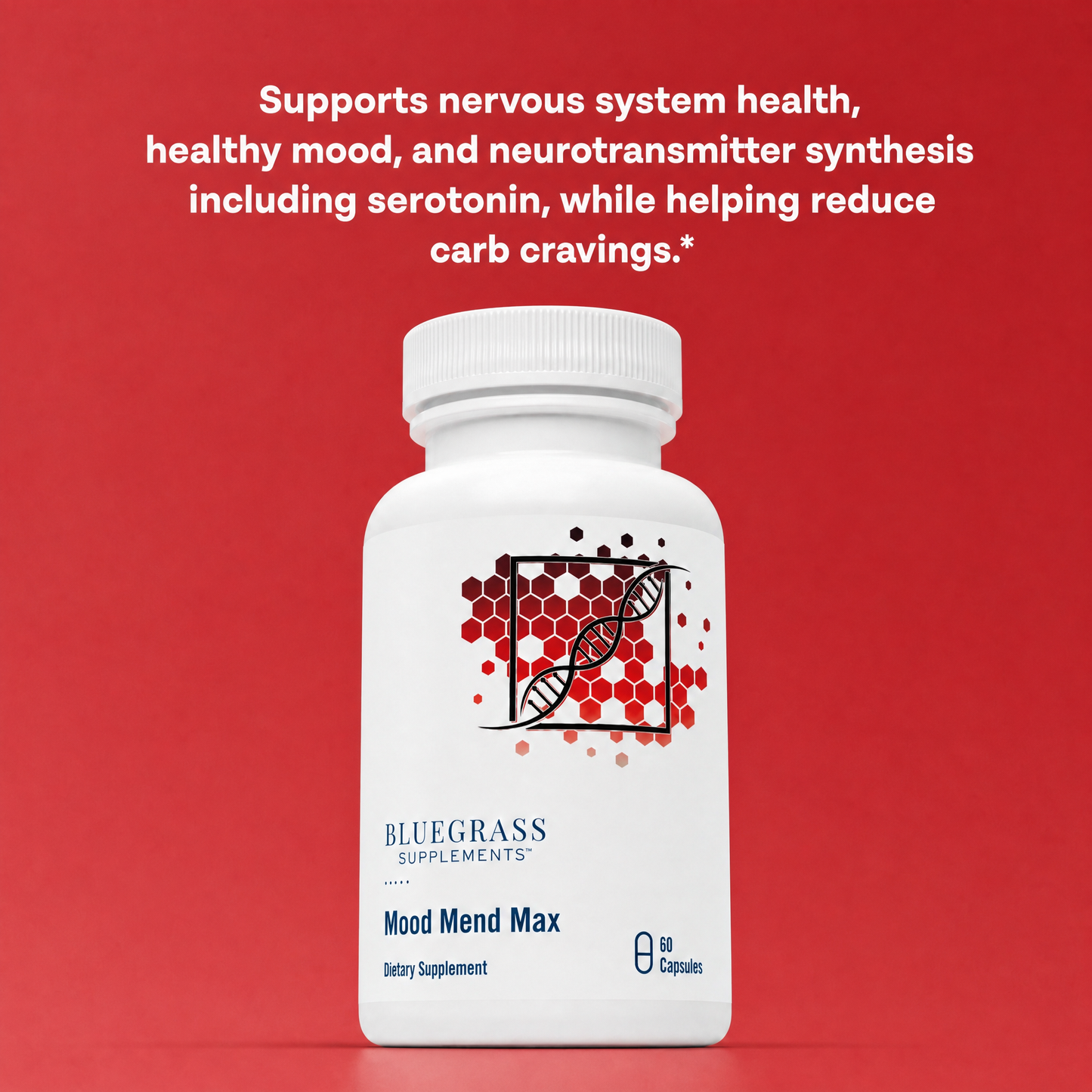 Supplement bottle labeled 'Bluegrass Supplements Mood Mend Max' on a red background with text about supplement benefits.