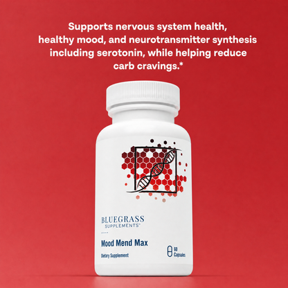 Supplement bottle labeled 'Bluegrass Supplements Mood Mend Max' on a red background with text about supplement benefits.