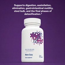 White supplement bottle labeled 'Move Easy' by Bluegrass Supplements on a purple background with text about digestive support.