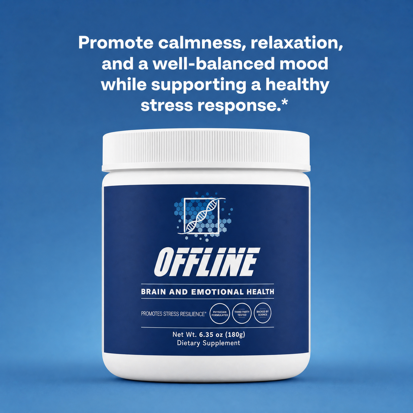 Blue supplement container labeled 'Offline' on a blue background with text about mental health support.