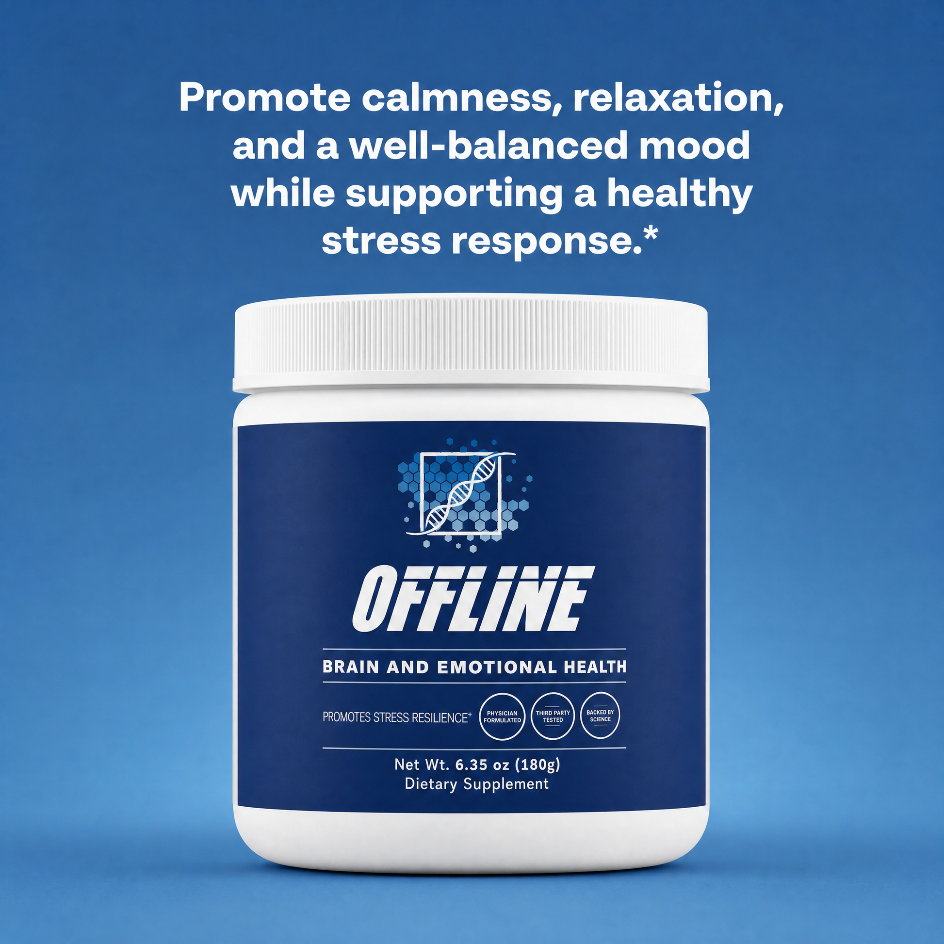 Blue supplement container labeled 'Offline' on a blue background with text about mental health support.