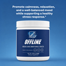 Blue supplement container labeled 'Offline' on a blue background with text about mental health support.
