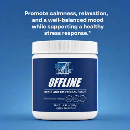 Blue supplement container labeled 'Offline' on a blue background with text about mental health support.